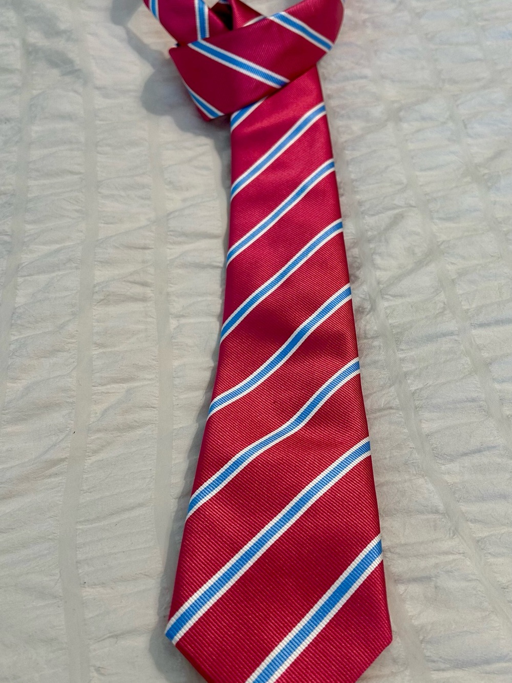 David Donahue Red Tie with Blue and White Diagonal Stripes